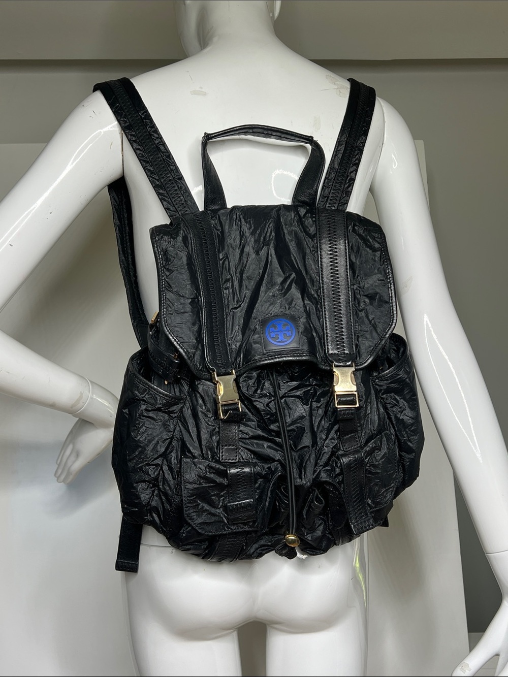 Tory Burch Virginia Black Lightweight Nylon & Leather Flap Backpack Model 85061